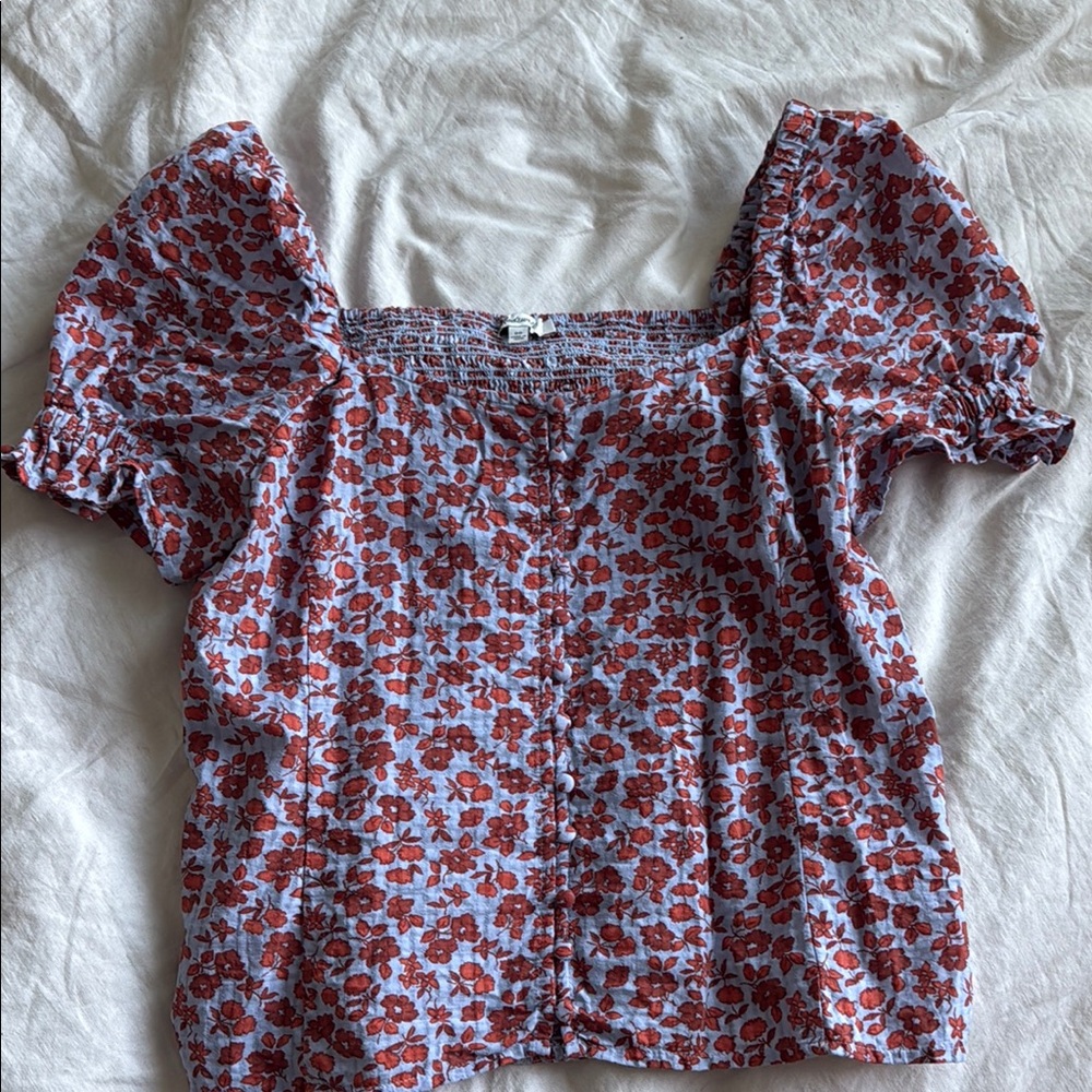 Madewell Red and Green Puff Sleeve Blouse